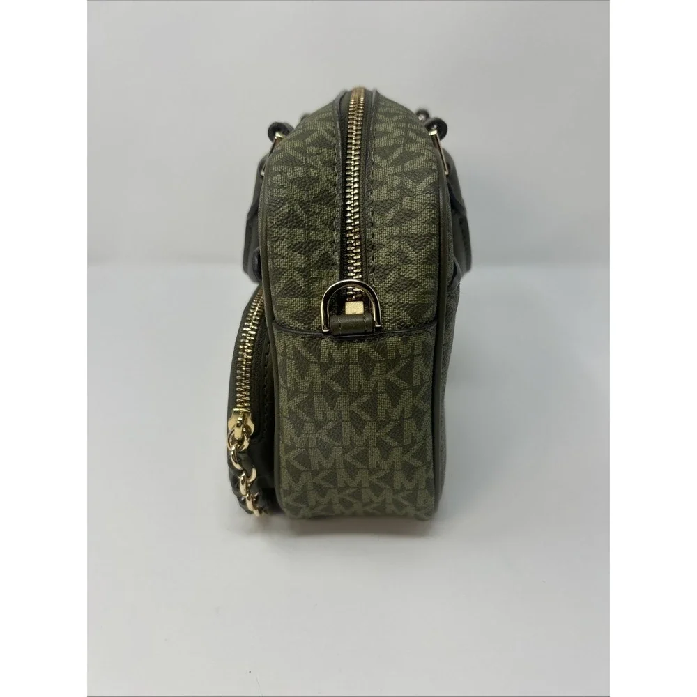 Michael Kors Olive Green Logo Messenger Bag Double Handle Gold Hardware Chain